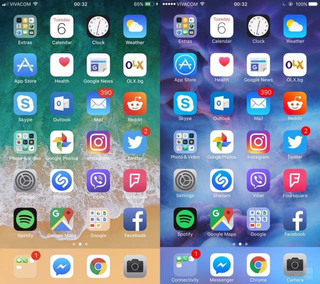 iOS11與iOS10對比，左為iOS11