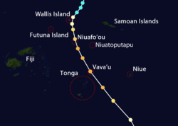 12月29日到1月1日間氣旋瓦卡的行進路線