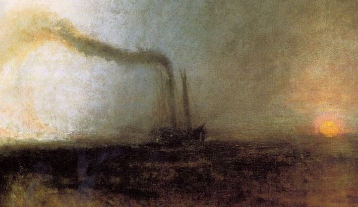 油畫中畫家描繪了新興蒸汽時代的汽輪