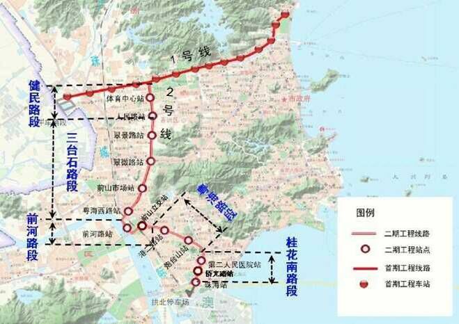 珠海現代有軌電車1、2號線線路圖