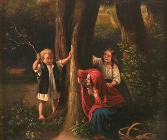 三個小孩在樹林中玩捉迷藏