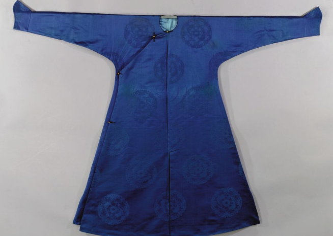 清藍色簟錦紋暗花綢夾袍