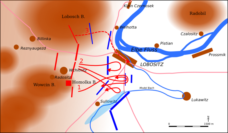 羅布西茨戰役地圖(奧地利為藍方）