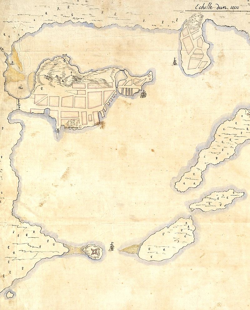 1692年波士頓港地圖，波士頓半島位於左上方。