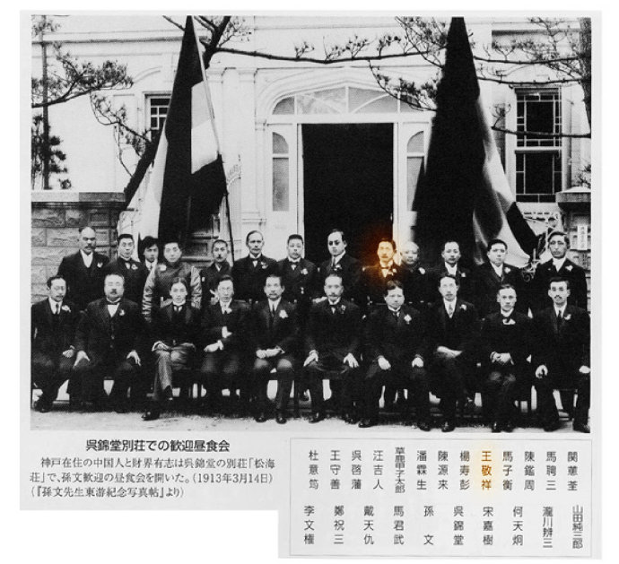 1913年，吳錦堂（前排左六）與孫中山等攝於日本神戶松海別莊