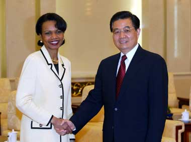 國家主席胡錦濤會見美國國務卿賴斯