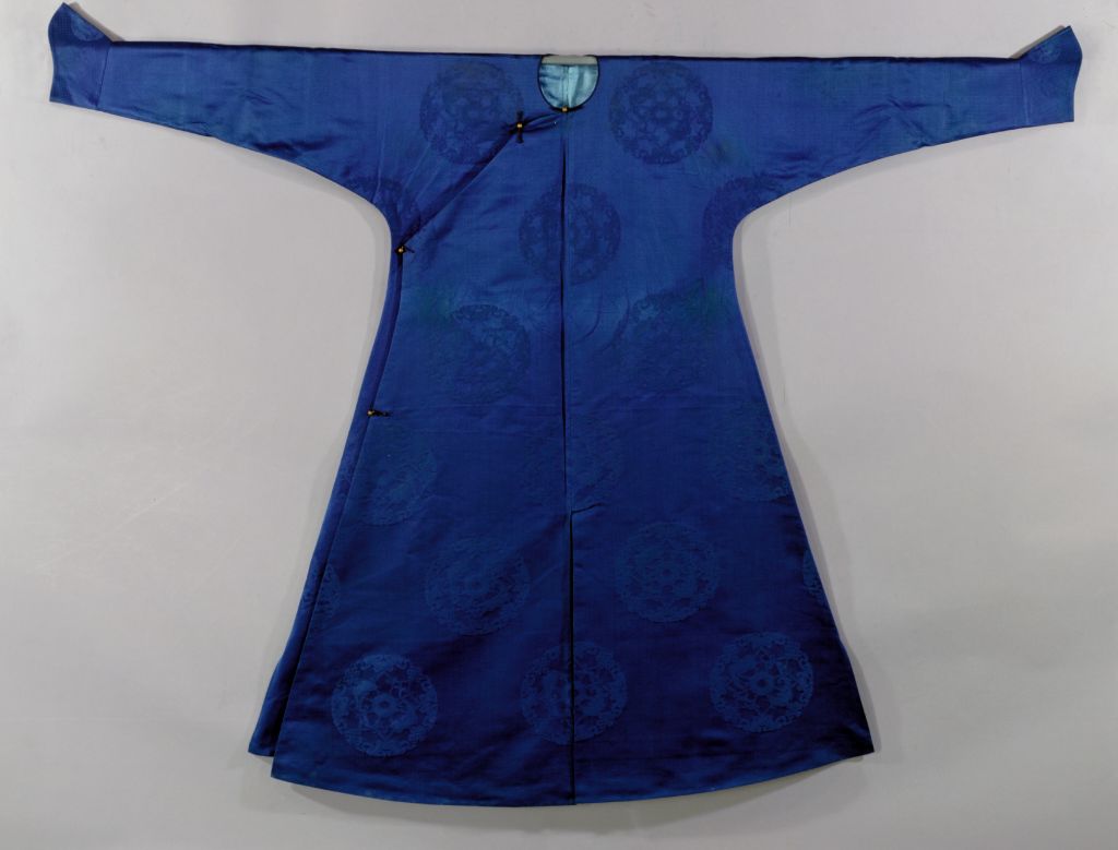 藍色簟錦紋暗花綢夾袍