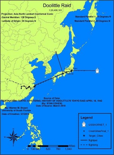 B-25的轟炸地點和墜機地點