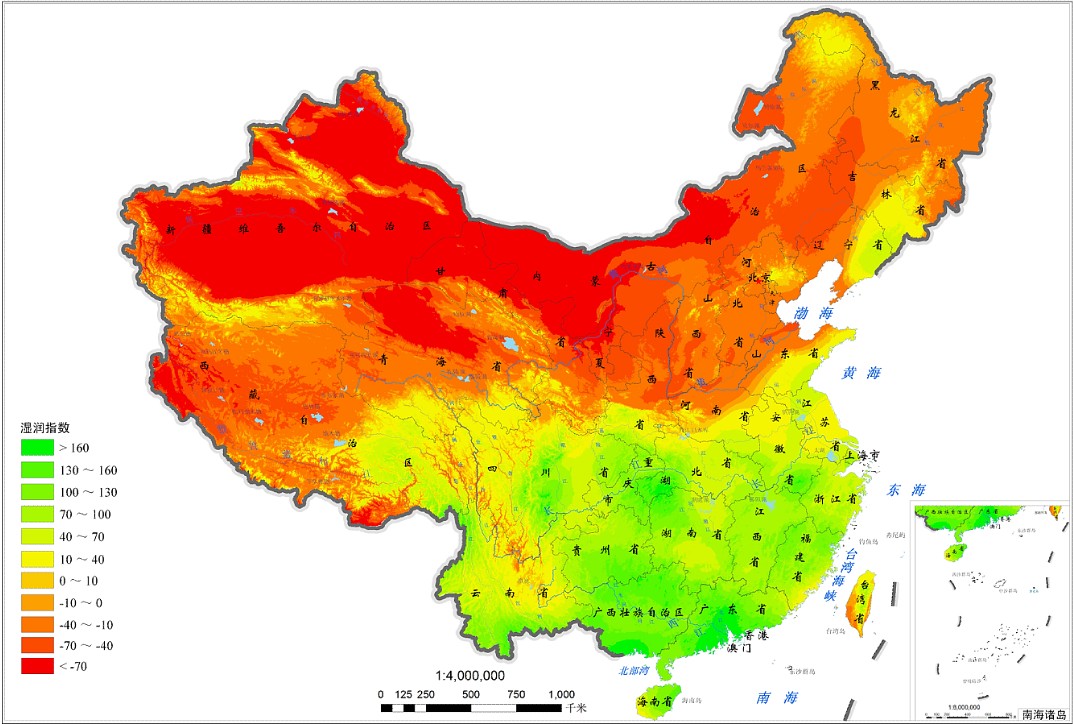2005年中國濕潤係數分布圖