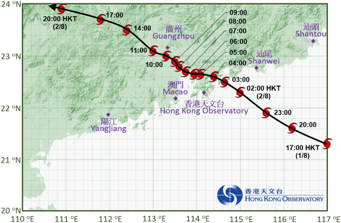 颱風妮妲接近香港時的路徑圖