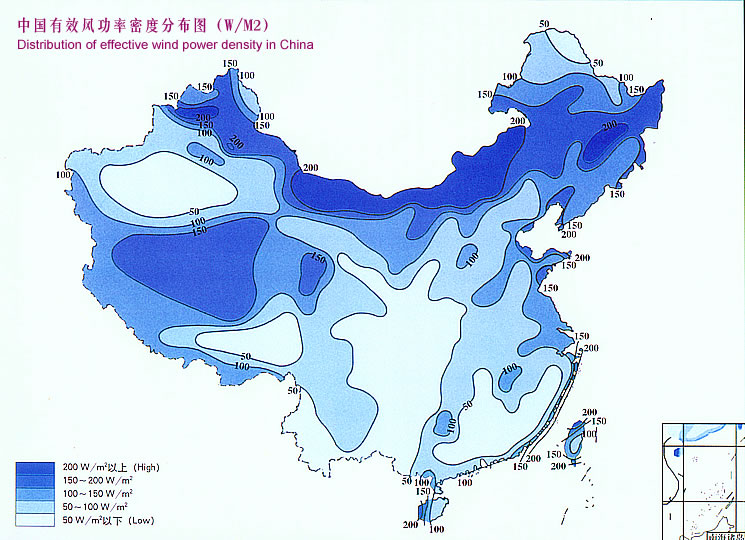 中國風能資源分布圖