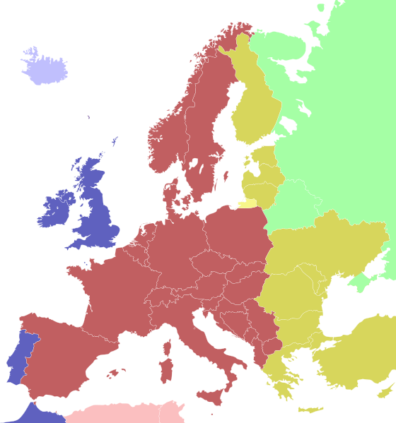 圖中紅色部分為歐洲中部時間