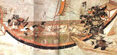 1281年的戰鬥中日本武士登上元軍戰船。