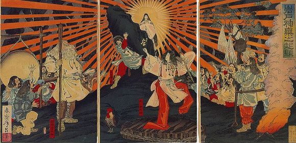 從山洞裡走出來的天照大御神 - 神顯 (日本19世紀的屏風圖)