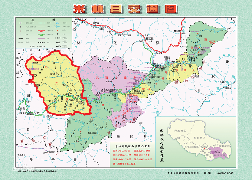 臥龍鎮在米林縣位置圖 （紅色圈內）