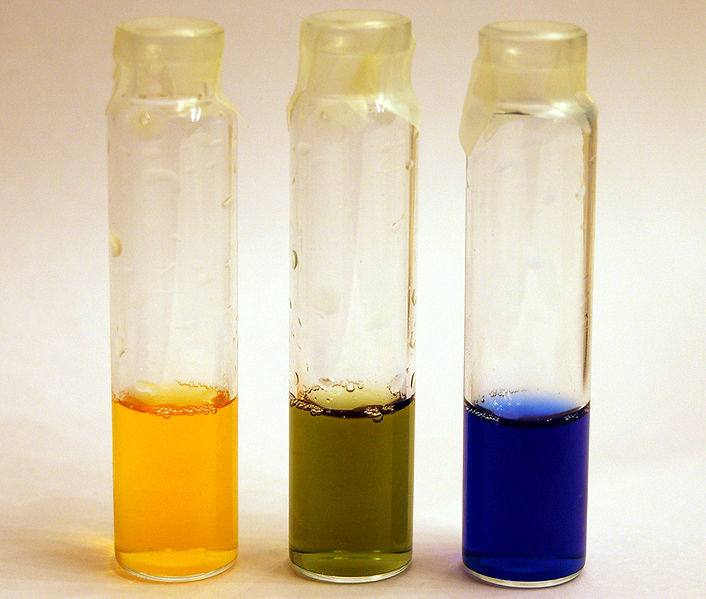 分別在不同pH值環境下的BTB溶液