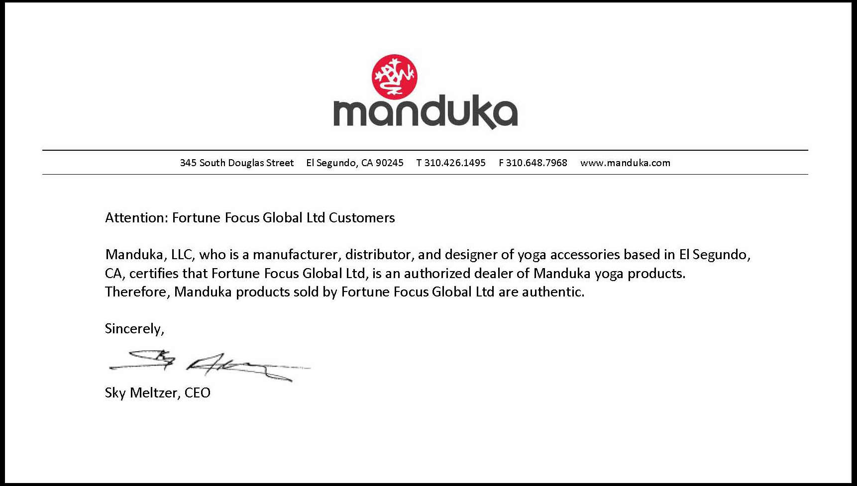 福潤環球代理Manduka產品授權書