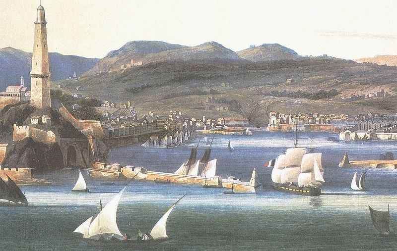 18世紀版畫中的燈籠塔和熱那亞港