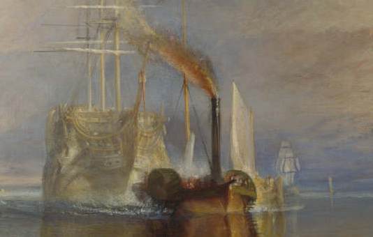 油畫中蒸汽拖船在無畏號面前顯得渺小和平乏