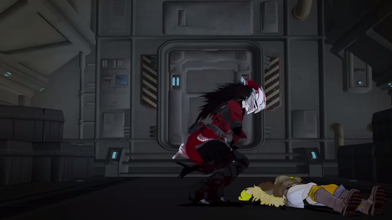 Raven凝視著昏睡中的Yang，檢查她是否負傷