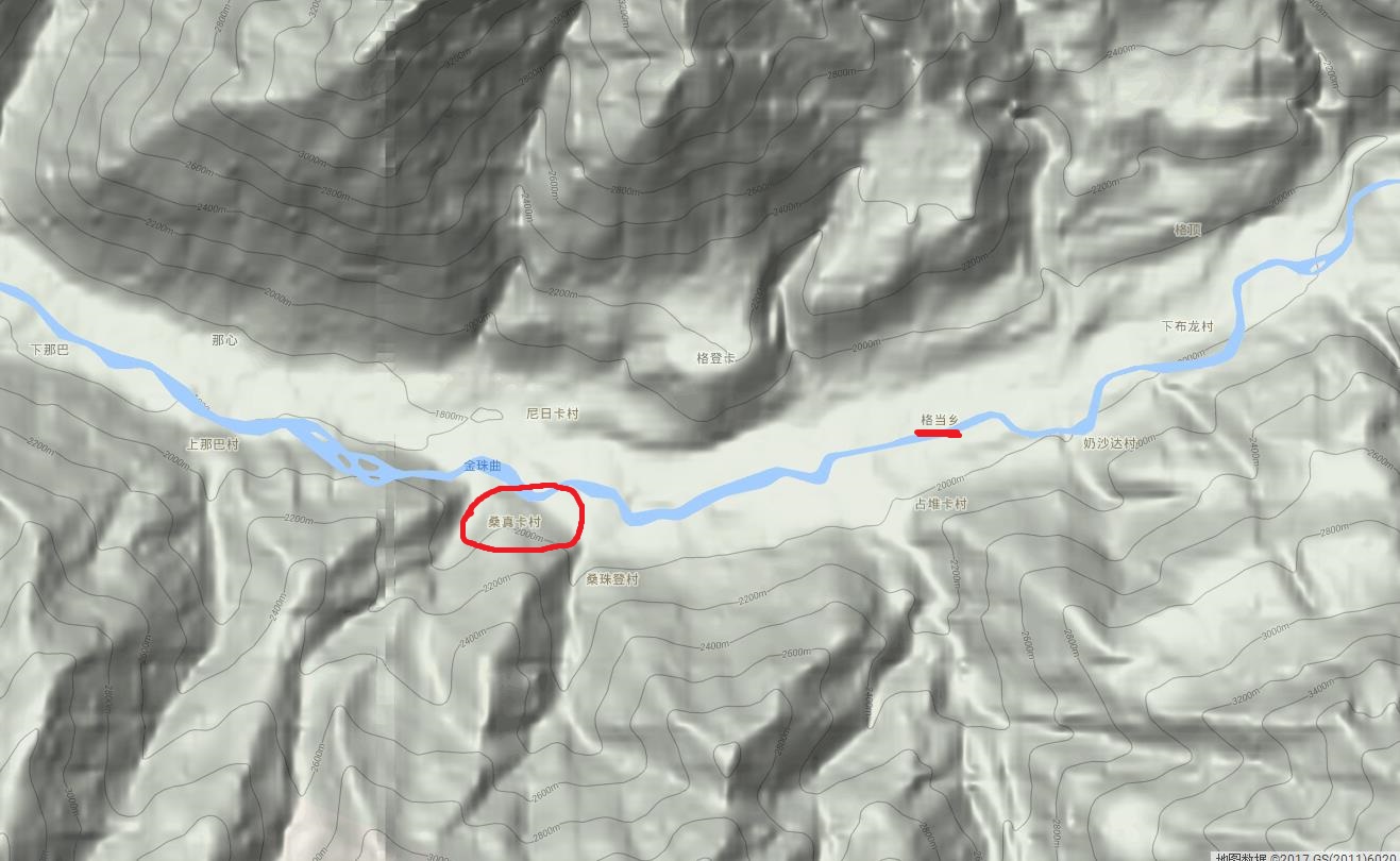 桑珍卡村地形及位置示意（紅色圈處）