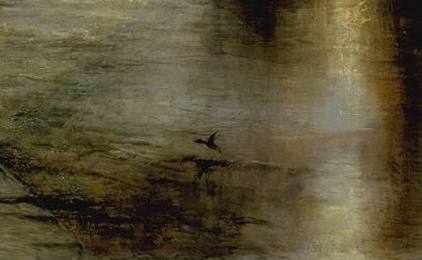 油畫中描繪了一隻掠過水麵的野鴨（右下角）