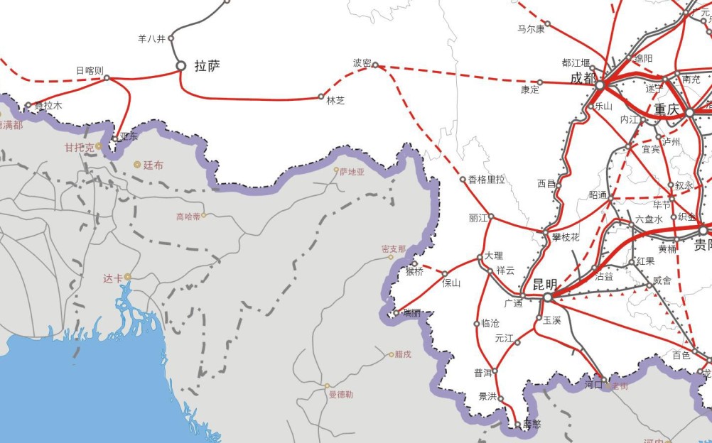 《中長期鐵路網規劃》中的滇藏鐵路線路圖