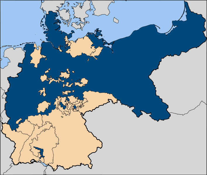 統一後的德意志帝國版圖，藍色為普魯士領地