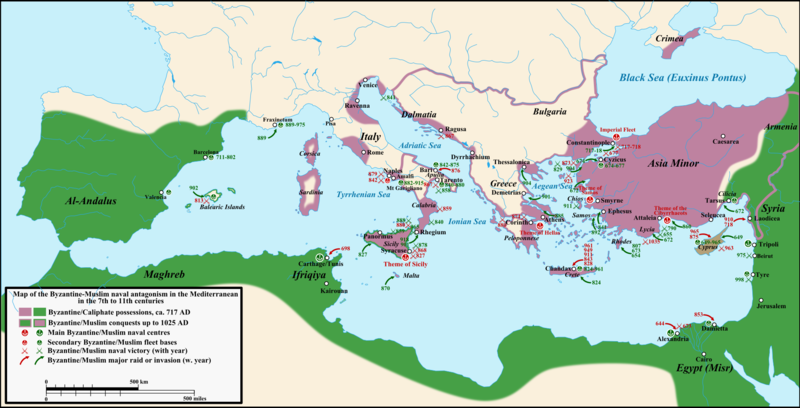 公元7世紀到11世紀，拜占庭和阿拉伯海軍在地中海對抗的地圖。